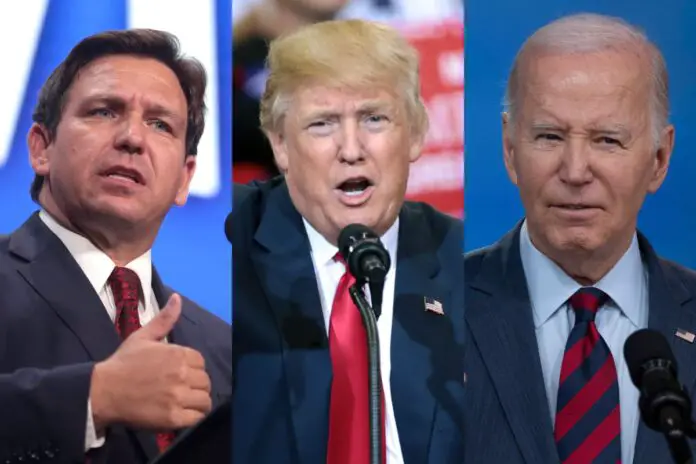 Ron DeSantis, Donald Trump, Joe Biden.