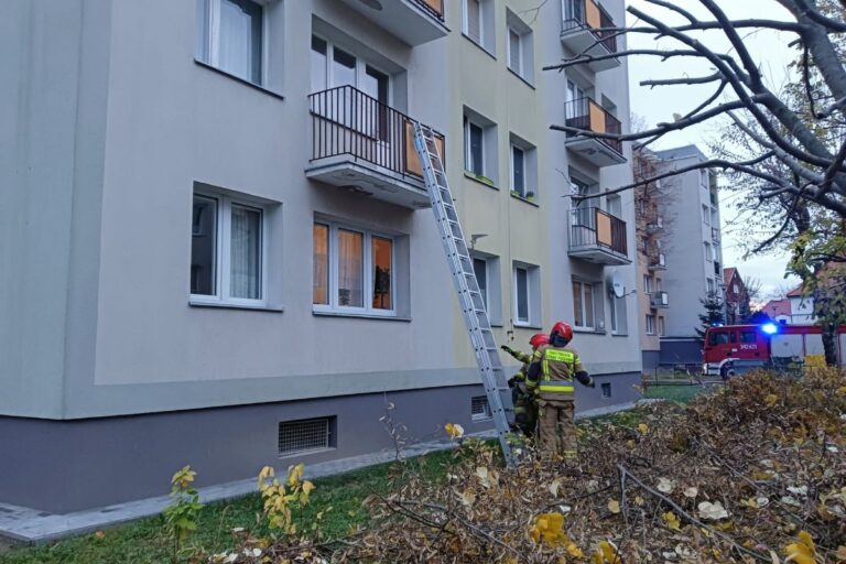 Akcja ratunkowa, drabiną przez balkon.