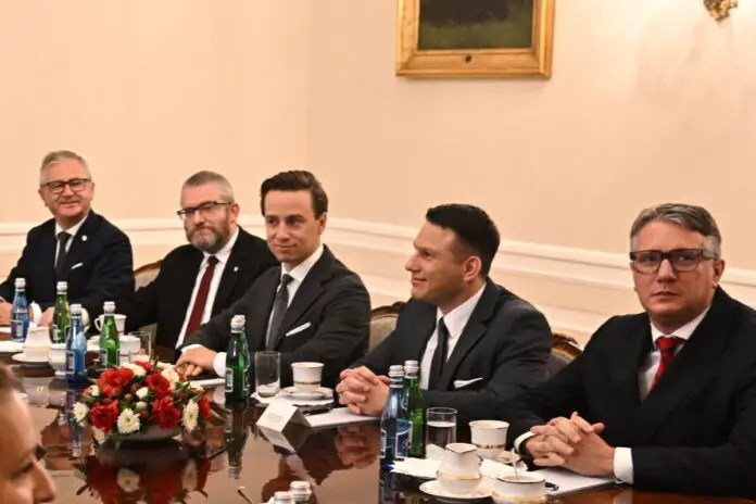 Włodzimierz Skalik, Grzegorz Braun, Krzysztof Bosak, Sławomir Mentzen oraz Przemysław Wipler podczas spotkania z prezydentem Andrzejem Dudą.