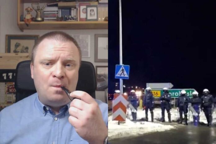Łukasz Warzecha oraz Policja na proteście polskich przewoźników w Dorohusku.