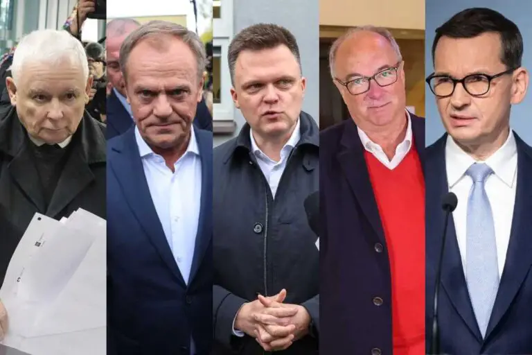 Jarosław Kaczyński, Donald Tusk, Szymon Hołownia, Włodzimierz Czarzasty oraz Mateusz Morawiecki.