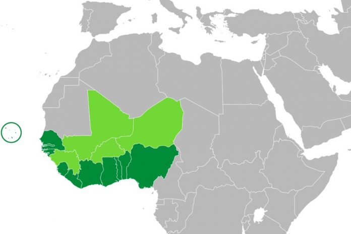 Państwa ECOWAS na mapie północnej Afryki.