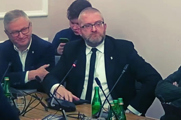 Grzegorz Braun podczas posiedzenia Komisji Regulaminowej, Spraw Poselskich i Immunitetowych. Zdjęcie: YT/screen