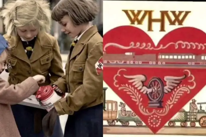 Dzieci z Hitlerjugend zbierające pieniądze do puszek oraz serduszko z Winterhilfswerk