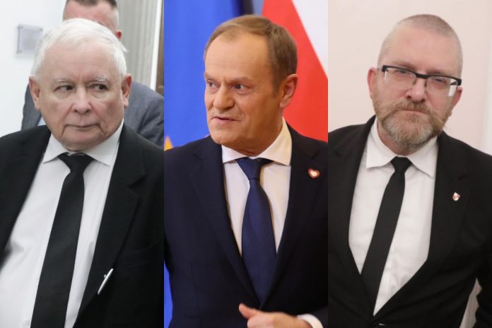 Jarosław Kaczyński, Donald Tusk oraz Grzegorz Braun.