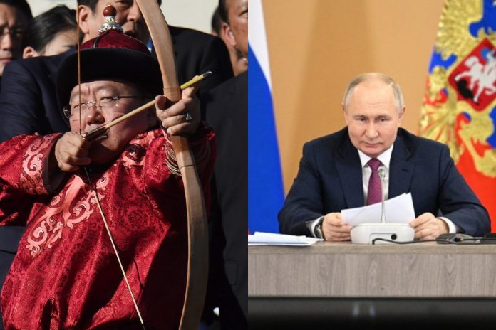 Były prezydent Mongolii Cachiagijn Elbegdordż strzelający z łuku, Władimir Putin