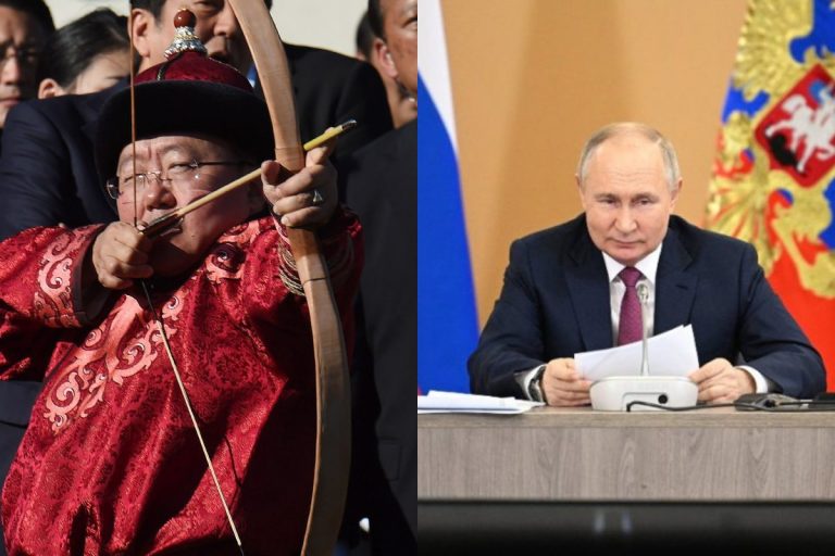 Były prezydent Mongolii Cachiagijn Elbegdordż strzelający z łuku, Władimir Putin