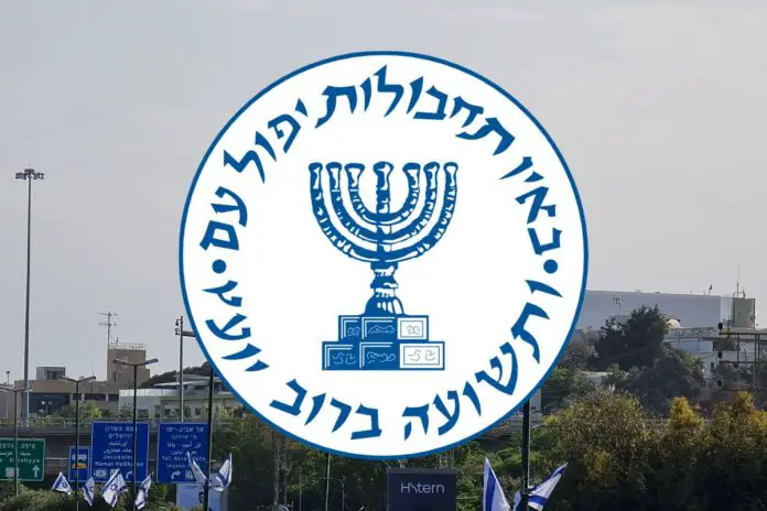 Logo Mosadu na tle siedziby tej służby.