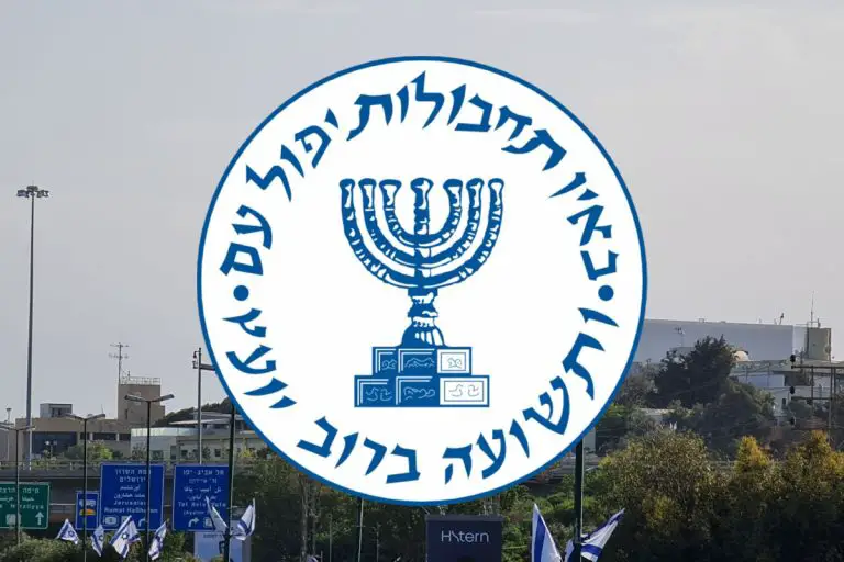 Logo Mosadu na tle siedziby tej służby.