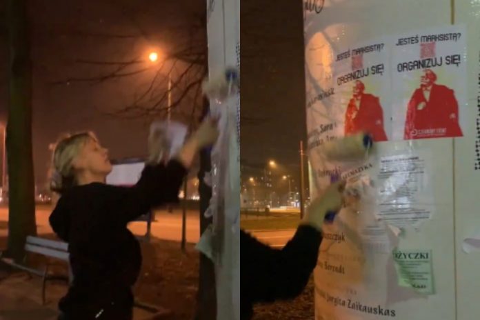 Działaczka Czerwonego Frontu rozwiesza plakaty