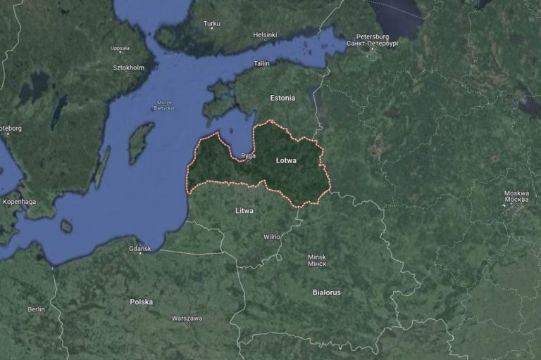 Łotwa na mapie regiony. Obrazek ilustracyjny. Źródło: google maps