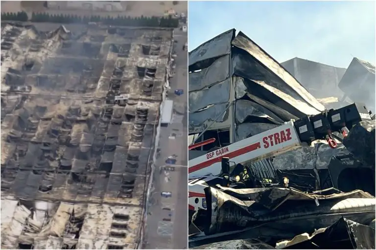 Skala zniszczeń po pożarze obiektu handlowego Marywilska 44 w Warszawie.