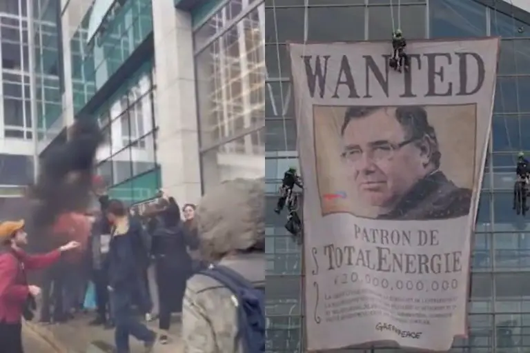 Protest działaczy Greenpeace pod paryskim biurem firmy Amundi.