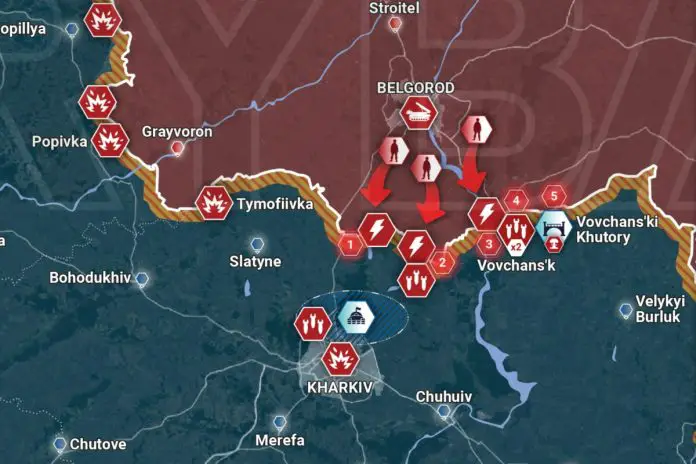 Mapka sytuacyjna w obwodzie charkowskim przedstawiona przez rosyjski think-tank Rybar. Obrazek ilustracyjny.