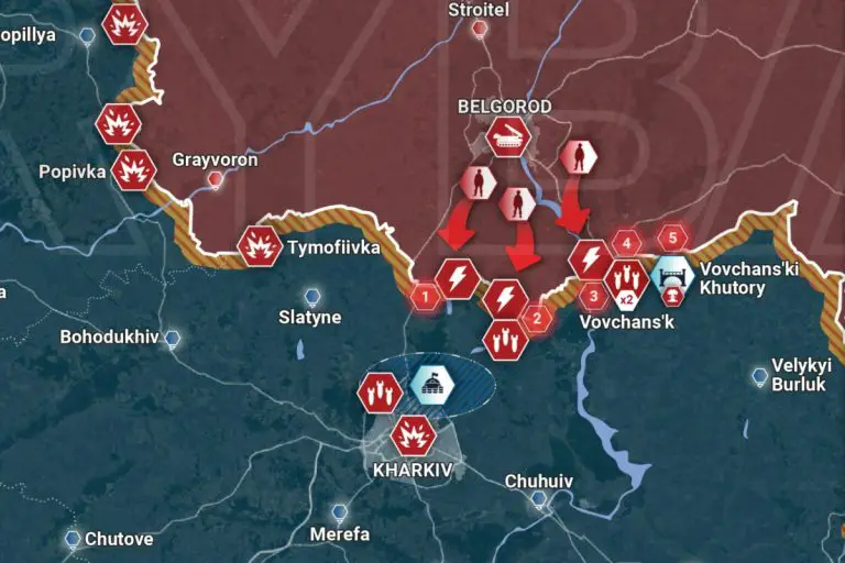 Mapka sytuacyjna w obwodzie charkowskim przedstawiona przez rosyjski think-tank Rybar. Obrazek ilustracyjny.