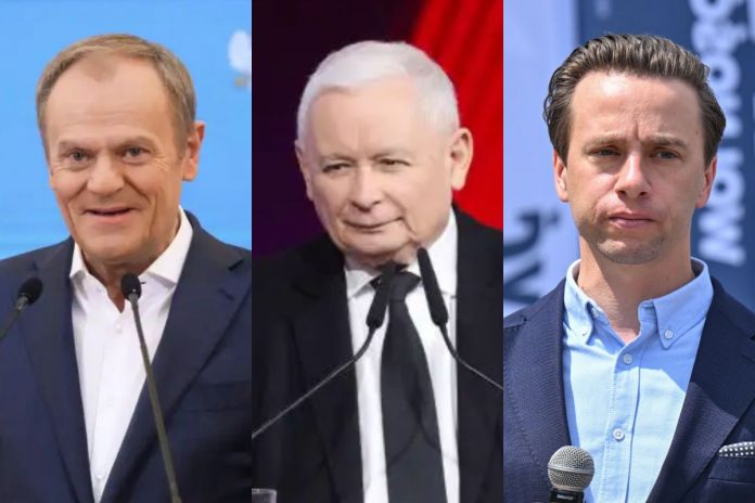 Donald Tusk, Jarosław Kaczyński oraz Krzysztof Bosak.