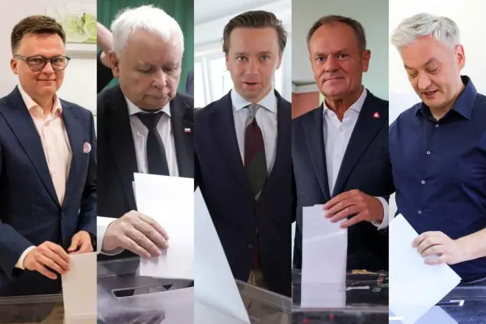 Szymon Hołownia, Jarosław Kaczyński, Krzysztof Bosak, Donald Tusk i Robert Biedroń