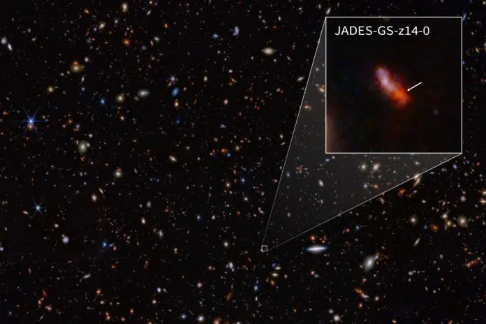 Galaktyka JADES-GS-z14-0. Foto: NASA