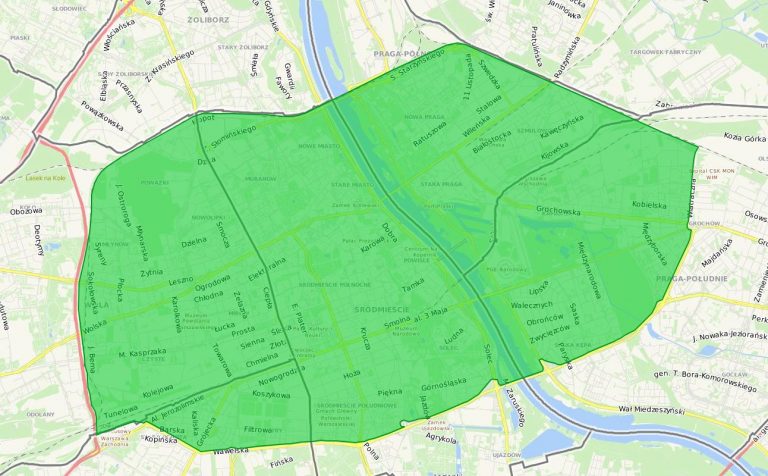 Obszar Strefy Czystego transportu w Warszawie obowiązujący od 1 lipca 2024 r.