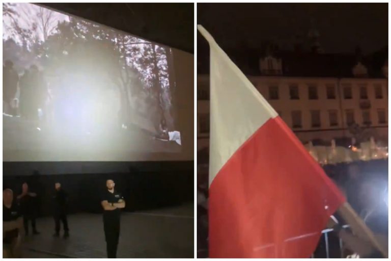 Pokaz filmu "Zielona granica" Agnieszki Holland na rynku we Wrocławiu. Foto: print screen X