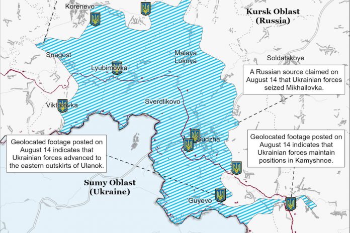 Sytuacja w obwodzie kurskim na dzień 14 sierpnia 2024 r. Mapa poglądowa. Źródło: X/ISW