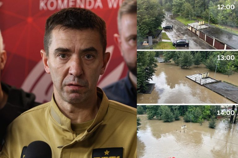 Komendant główny PSP Mariusz Feltynowski i przyrost godzinowy wody na kłodzkim osiedlu Nysa. Foto: PAP/X