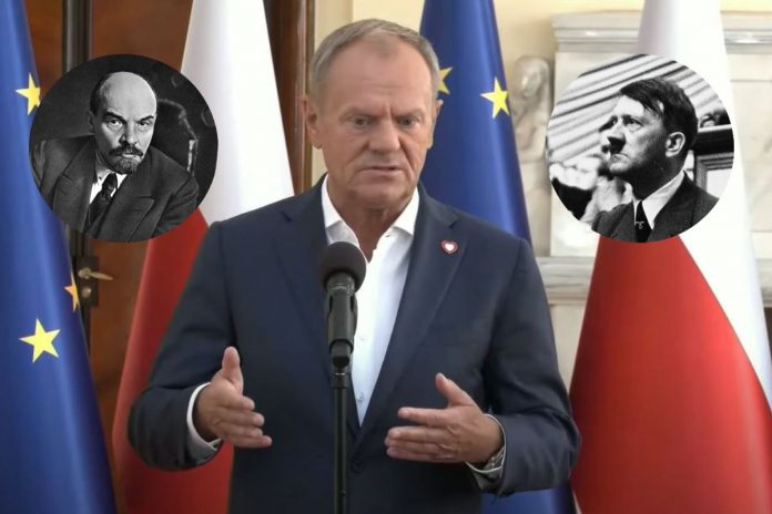 Donald Tusk oraz Włodzimierz Lenin i Adolf Hitler.