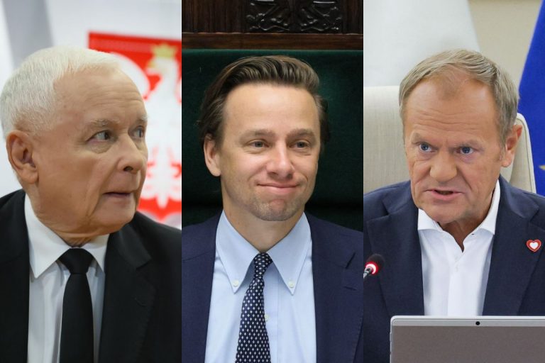 Jarosław Kaczyński, Krzysztof Bosak oraz Donald Tusk.