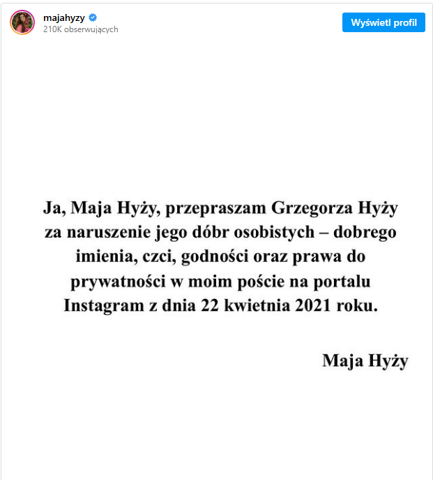 Maja Hyży przeprasza Grzegorza Hyży.