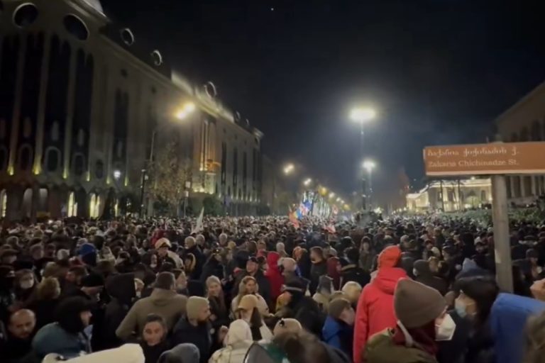 Protestujący przed gruzińskim parlamentem. Foto: print sacreen X