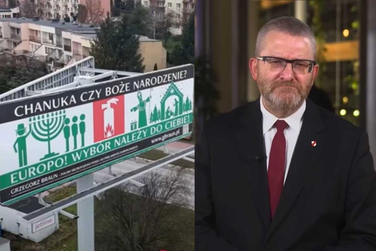 Bilbord Grzegorza Brauna oraz Grzegorz Braun Chanuka Boże Narodzenie