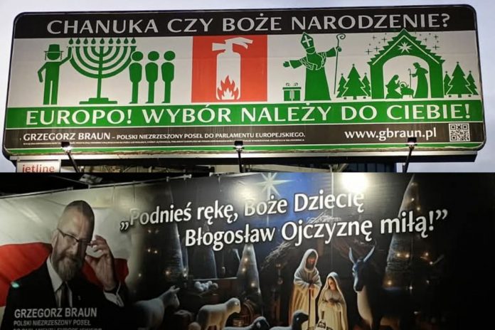 grzegorz braun chanuka boże narodzenie billboardy gaśnica