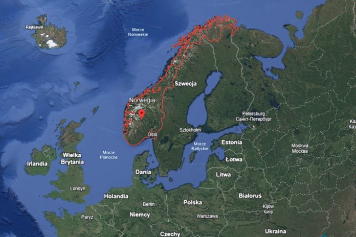 Norwegia na mapie Europy. Obrazek ilustracyjny. Źródło: google earth