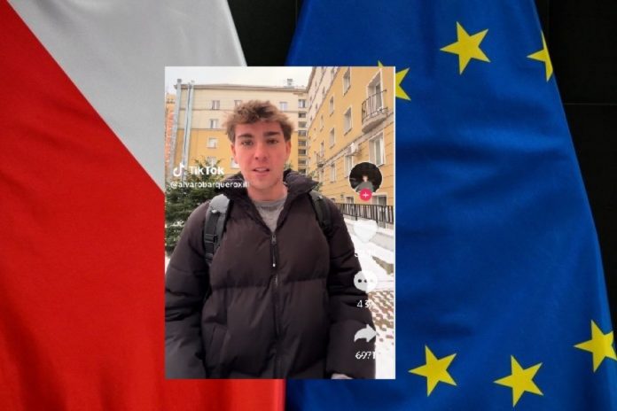 Student z Hiszpanii na tle flag Polski i Francji, źródło: PAP, TikTok, kolaż