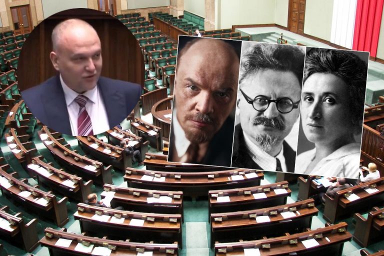 Bronisław Foltyn oraz Włodzimierz Lenin, Lew Trocki i Róża Luksemburg na tle Sejmu.