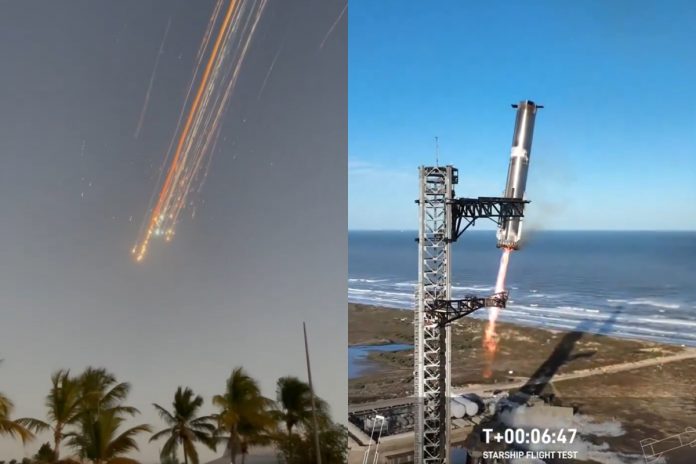 Starship Elona Muska uległ destrukcji, ale człon nośny rakiety perfekcyjnie został schwytany na Ziemi. Foto: print screen X