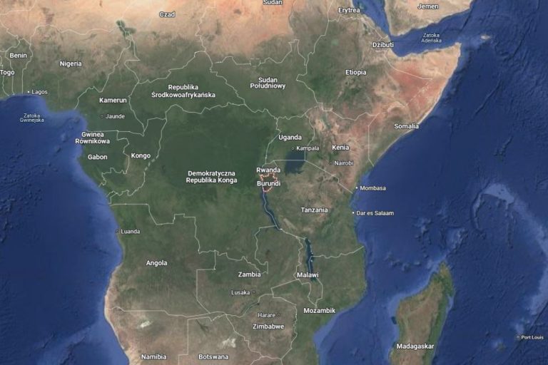 Burundi na mapie centralnej Afryki. Obrazek ilustracyjny. Źródło: google maps