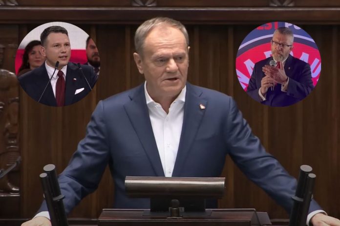 Donald Tusk oraz Sławomir Mentzen i Grzegorz Braun.