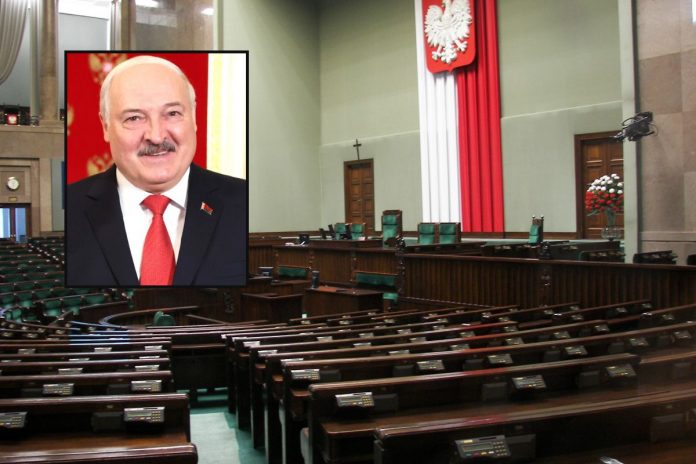 Sala posiedzeń Sejmu oraz Aleksander Łukaszenka.