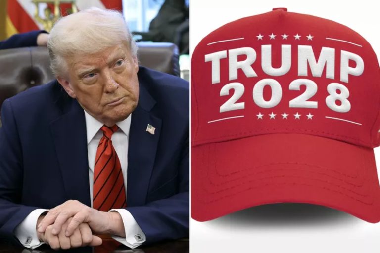 Donald Trump, czapka Trump 2028, źródło: Win McNamee/Getty; Trumpstore.com, kolaż