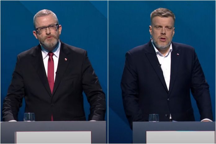 Grzegorz Braun i Adrian Zandberg na debacie prezydenckiej.