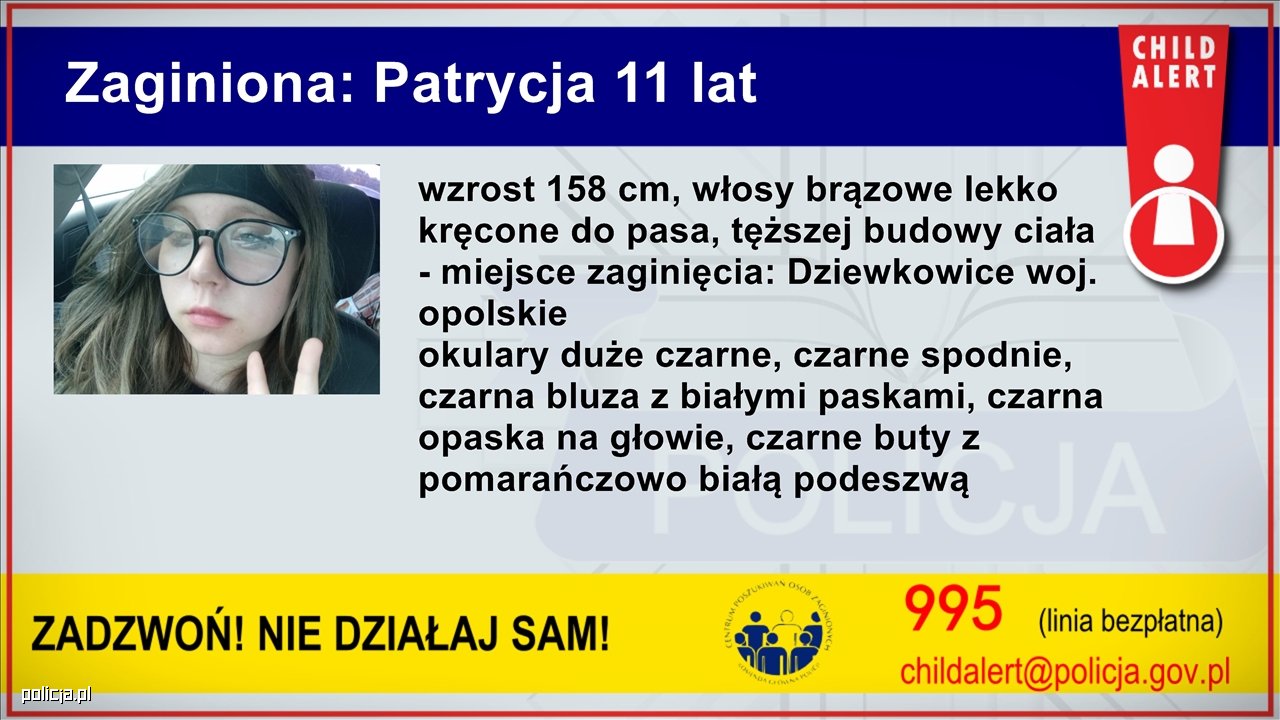 Child alert, poszukiwana 11-letnia Patrycja Głowania.