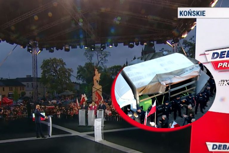 "Debata" Telewizji Republika oraz ciężarówka otoczona przez policję.