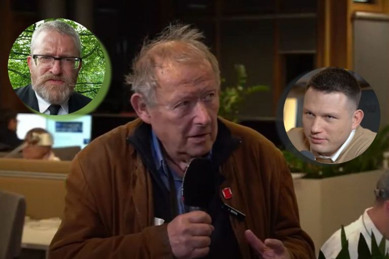 Adam Michnik oraz Grzegorz Braun i Sławomir Mentzen.