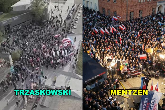 Po lewej spotkanie Rafała Trzaskowskiego w Olsztynie, po prawej spotkanie Sławomira Mentzena w tym samym mieście. Foto: X