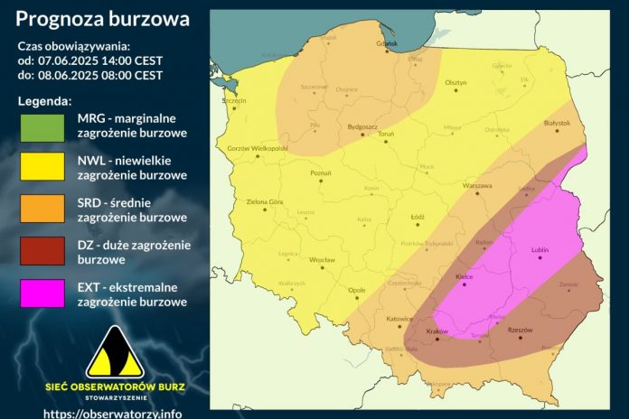 Zagrożenie burzowe na sobotę 7 czerwca 2025 r. Foto: obserwatorzy.info