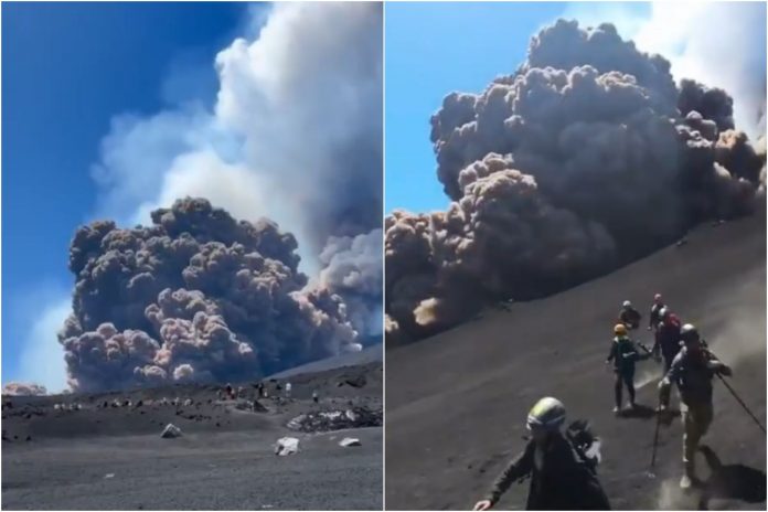 Etna - erupcja wulkanu i ucieczka turystów ze zbocza.