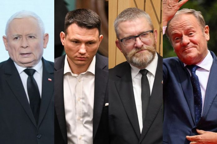 Jarosław Kaczyński, Sławomir Mentzen, Grzegorz Braun oraz Donald Tusk. / foto: PAP (kolaż)