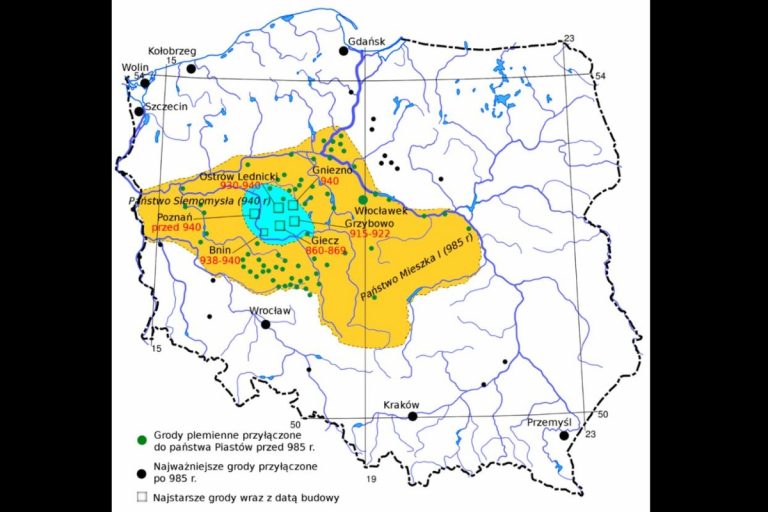 Najważniejsze grody piastowskie w okresie panowania Mieszka I. Źródło: wikimedia/ Z. Kurnatowska, M. Kara