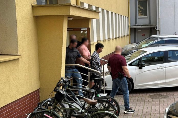 Podejrzany o usiłowanie zabójstwa Wenezuelczyk (2P) wyprowadzany siedziby Prokuratury Okręgowej w Toruniu.